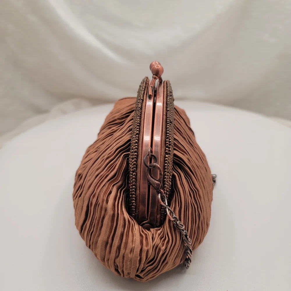 Carlo Fellini Bronze Pleated Satin and Beaded Bag Purse - Picture 2 of 6